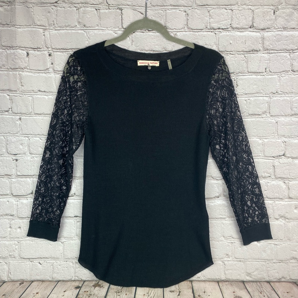 Rebecca Taylor Size Medium Pullover Black Lace Sleeve Sweater LKNW